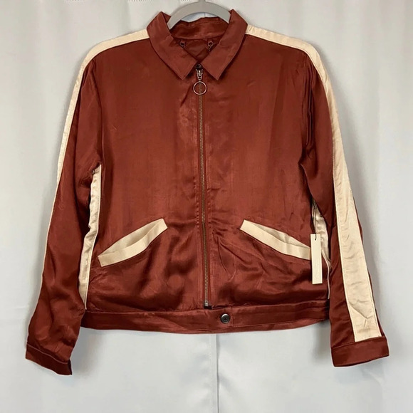Anthropologie Capulet Souriez Brown Satin Bomber Jacket Size Small NWT - Picture 1 of 10